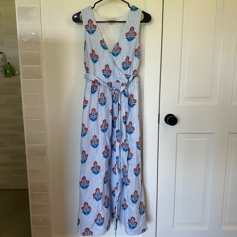Boden Blue and White Striped Dress with Red Floral Pattern